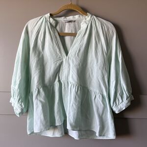 Amanda Uprichard Diego Blue Linen Peplum Top Women Small Puff Sleeve VNeck Beach